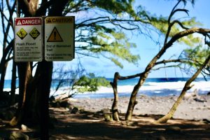 Warning sign nailed to a tree in a flooded area, emphasizing flood hazard awareness.