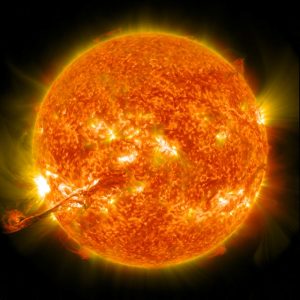 Close-up of the sun releasing a coronal mass ejection, the type of solar eruption that can trigger geomagnetic storms.